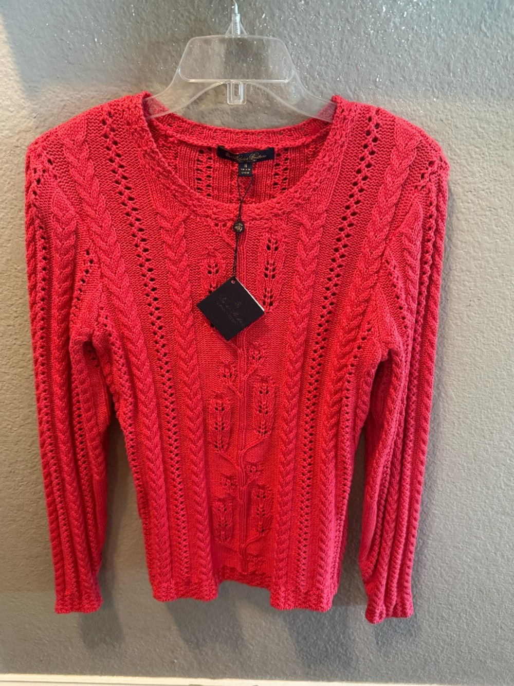Brooks Brothers NWT M Supima Cotton Cable Knit Pointelle Sweater Pink Red